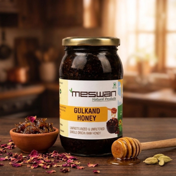 Meswan Gulkand Honey | Raw Honey with Natural Gulkand | Unpasteurized & Unfiltered | Single Origin